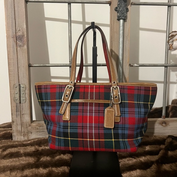 Coach Plaid Wool and Leather Shopper Tote - Picture 1 of 9